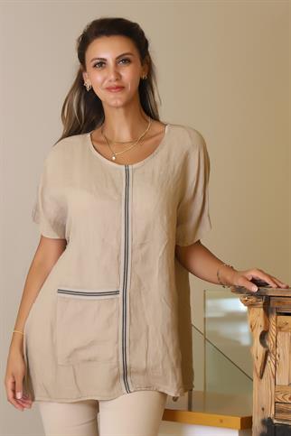 SIFIR YAKA CEPLİ SALAŞ BEJ  KADIN BLUZ 13746-2Y5