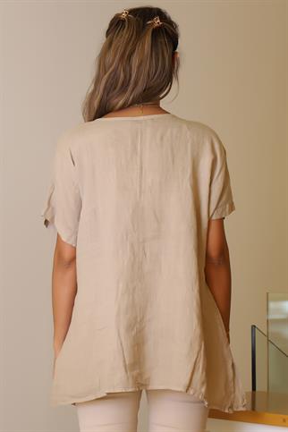 SIFIR YAKA CEPLİ SALAŞ BEJ  KADIN BLUZ 13746-2Y5