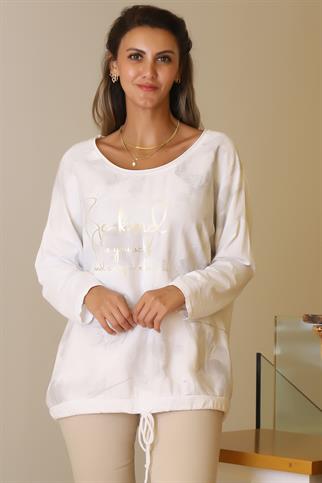 GENİŞ YAKA YAZI BASKILI BEYAZ KADIN BLUZ  216261-2Y5