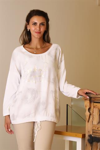 GENİŞ YAKA YAZI BASKILI BEYAZ KADIN BLUZ  216261-2Y5