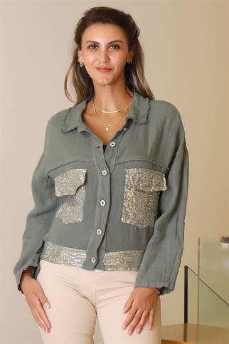 CEPLERİ PUL İŞLEMELİ HAKİ KADIN CEKET  23240-2Y5