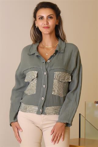 CEPLERİ PUL İŞLEMELİ HAKİ KADIN CEKET  23240-2Y5