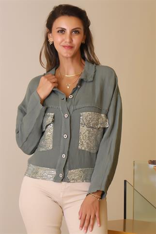 CEPLERİ PUL İŞLEMELİ HAKİ KADIN CEKET  23240-2Y5