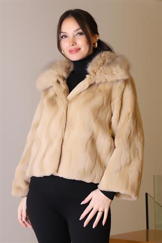 KÜRK YAKA UZUN KOLLU CAMEL KADIN CEKET   2637-2K5