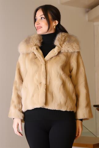 KÜRK YAKA UZUN KOLLU CAMEL KADIN CEKET   2637-2K5