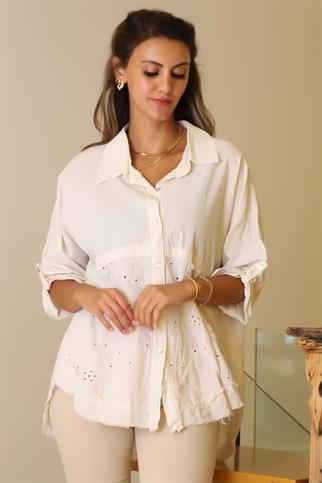 KATLAMALI KOL İŞLEMELİ BEJ KADIN BLUZ  55740-2Y5