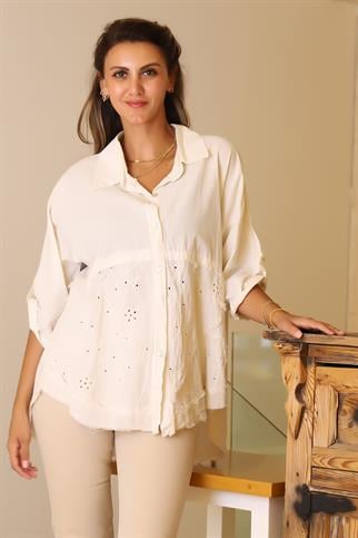 KATLAMALI KOL İŞLEMELİ BEJ KADIN BLUZ  55740-2Y5