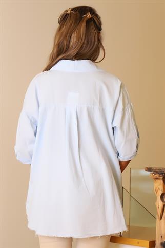 KATLAMALI KOL İŞLEMELİ MAVİ  KADIN BLUZ 55740-2Y5