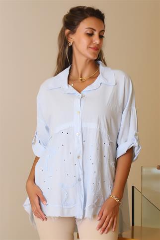 KATLAMALI KOL İŞLEMELİ MAVİ  KADIN BLUZ 55740-2Y5