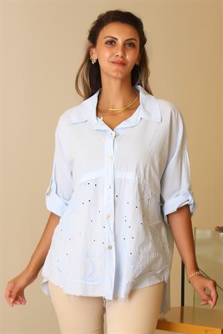 KATLAMALI KOL İŞLEMELİ MAVİ  KADIN BLUZ 55740-2Y5