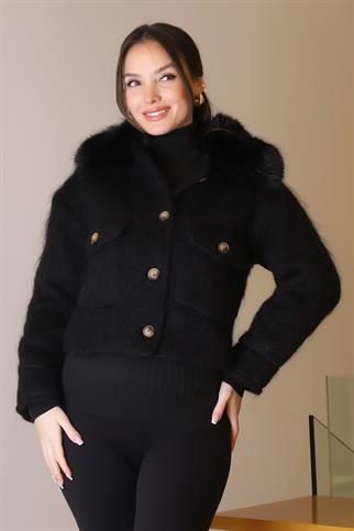 KÜRK YAKA SİYAH UZUN KOLLU KADIN CEKET  5632-2K5