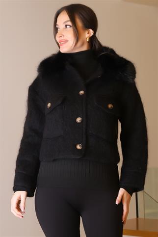 KÜRK YAKA SİYAH UZUN KOLLU KADIN CEKET  5632-2K5