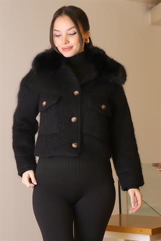 KÜRK YAKA SİYAH UZUN KOLLU KADIN CEKET  5632-2K5