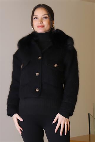 KÜRK YAKA SİYAH UZUN KOLLU KADIN CEKET  5632-2K5