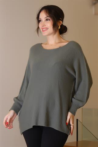 GENİŞ YAKA UZUN KOLLU  HAKİ KADIN KAZAK 818-2K5