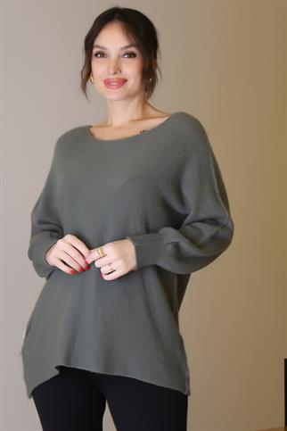 GENİŞ YAKA UZUN KOLLU  HAKİ KADIN KAZAK 818-2K5