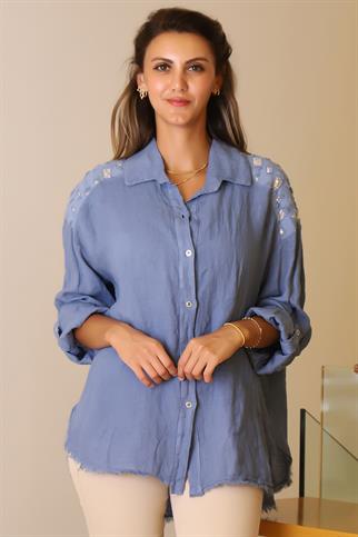 OMUZLARI İŞLEMELİ İNDİGO KADIN BLUZ  81921-2Y5