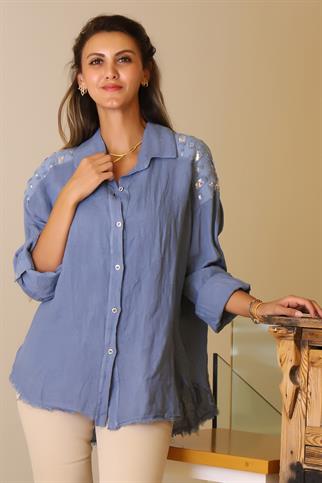 OMUZLARI İŞLEMELİ İNDİGO KADIN BLUZ  81921-2Y5