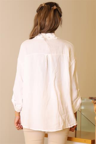 HAKİM YAKA PUL İŞLEMELİ BEYAZ KADIN CEKET 82217-2Y5