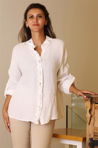 HAKİM YAKA PUL İŞLEMELİ BEYAZ KADIN CEKET 82217-2Y5