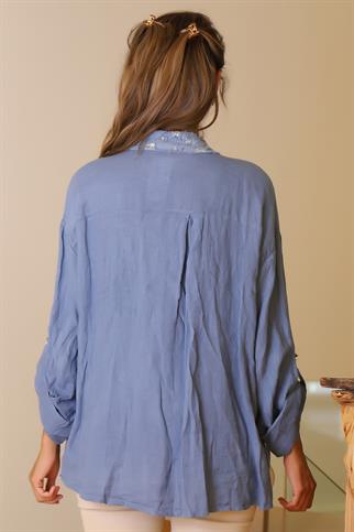 HAKİM YAKA PUL İŞLEMELİ İNDİGO KADIN CEKET   82217-2Y5