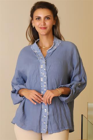 HAKİM YAKA PUL İŞLEMELİ İNDİGO KADIN CEKET   82217-2Y5