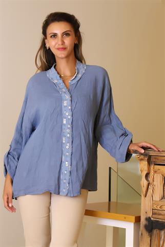 HAKİM YAKA PUL İŞLEMELİ İNDİGO KADIN CEKET   82217-2Y5