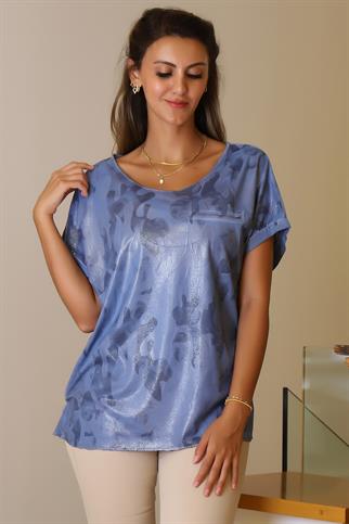 KAMUFLAJ DESENLİ KISA KOLLU MAVİ KADIN T-SHİRT  9582-2Y5