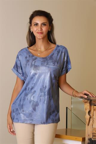 KAMUFLAJ DESENLİ KISA KOLLU MAVİ KADIN T-SHİRT  9582-2Y5