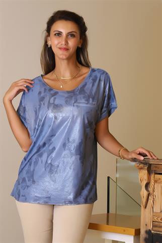 KAMUFLAJ DESENLİ KISA KOLLU MAVİ KADIN T-SHİRT  9582-2Y5