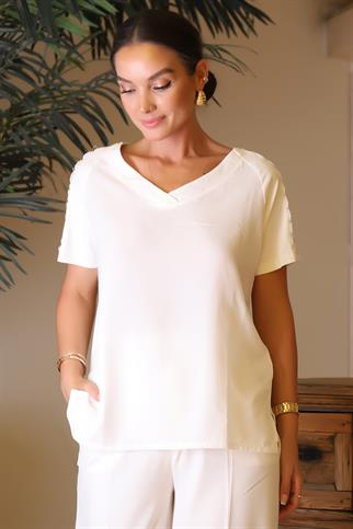 V YAKA KOLLARI İŞLEMELİ EKRU KADIN BLUZ 00002-2Y4