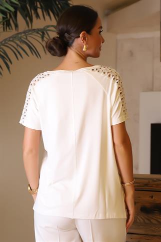 V YAKA KOLLARI İŞLEMELİ EKRU KADIN BLUZ 00002-2Y4