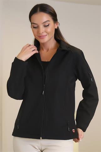 ARMALI UZUN KOLLU FERMUARLI SİYAH KADIN CEKET  3645-2K4