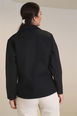 ARMALI UZUN KOLLU FERMUARLI SİYAH KADIN CEKET  3645-2K4