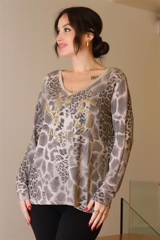 V YAKA TAŞLI BEJ KADIN BLUZ 5822-2K5