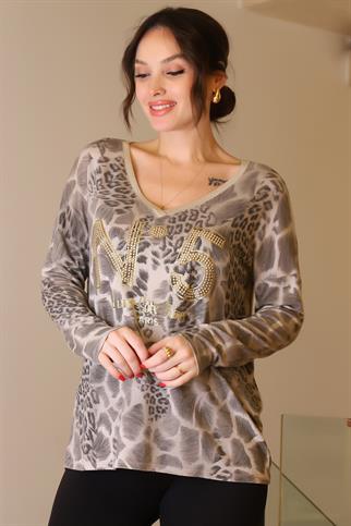 V YAKA TAŞLI BEJ KADIN BLUZ 5822-2K5