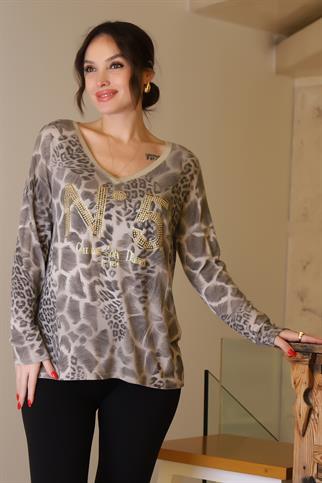 V YAKA TAŞLI BEJ KADIN BLUZ 5822-2K5