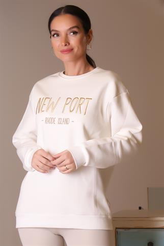 NEW PORT BASKILI EKRU  KADIN SWEATSHİRT 3041-2K4