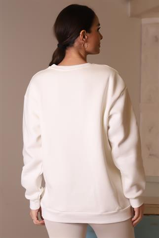NEW PORT BASKILI EKRU  KADIN SWEATSHİRT 3041-2K4