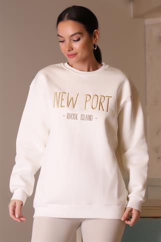 NEW PORT BASKILI EKRU  KADIN SWEATSHİRT 3041-2K4