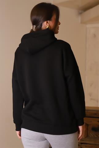 KAPÜŞONLU UZUN KOLLU SİYAH KADIN SWEATSHİRT 3046-2K4