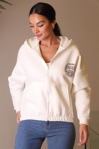 FERMUARLI SIRTI YAZI BASKILI EKRU KADIN SWEATSHİRT 3048-2K4