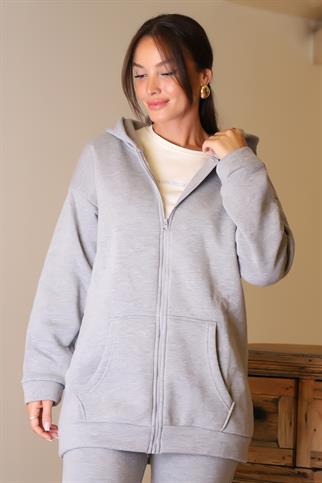 UZUN KOLLU KAPÜŞONLU GRİ KADIN SWEATSHİRT  3055-2K5
