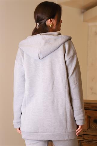 UZUN KOLLU KAPÜŞONLU GRİ KADIN SWEATSHİRT  3055-2K5