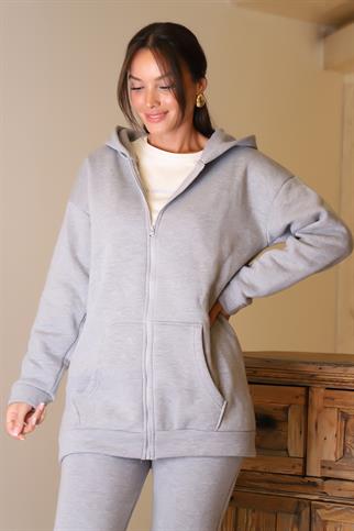 UZUN KOLLU KAPÜŞONLU GRİ KADIN SWEATSHİRT  3055-2K5