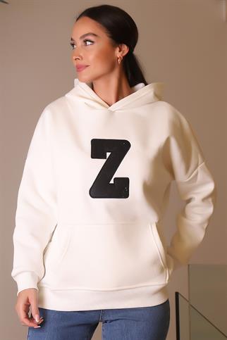 KAPÜŞONLU UZUN KOLLU EKRU KADIN SWEATSHİRT 3056-2K4