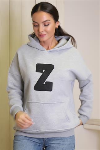 KAPÜŞONLU UZUN KOLLU GRİ  KADIN SWEATSHİRT 3056-2K4