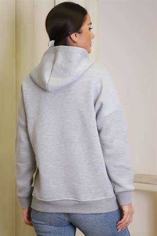 KAPÜŞONLU UZUN KOLLU GRİ  KADIN SWEATSHİRT 3056-2K4