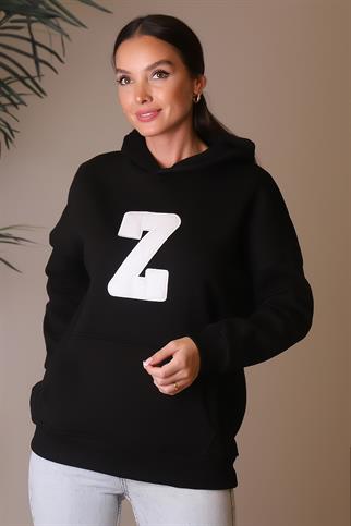 KAPÜŞONLU UZUN KOLLU SİYAH KADIN SWEATSHİRT  3056-2K4