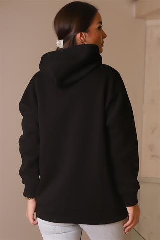 KAPÜŞONLU UZUN KOLLU SİYAH KADIN SWEATSHİRT  3056-2K4